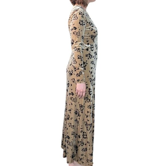 Vintage Isabella Bird Velvet Floral Maxi Wrap Dress Tan Black Small - Picture 5 of 16